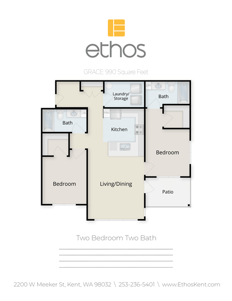 Floor plan for 2 beds, 2 baths, 990 sqft
